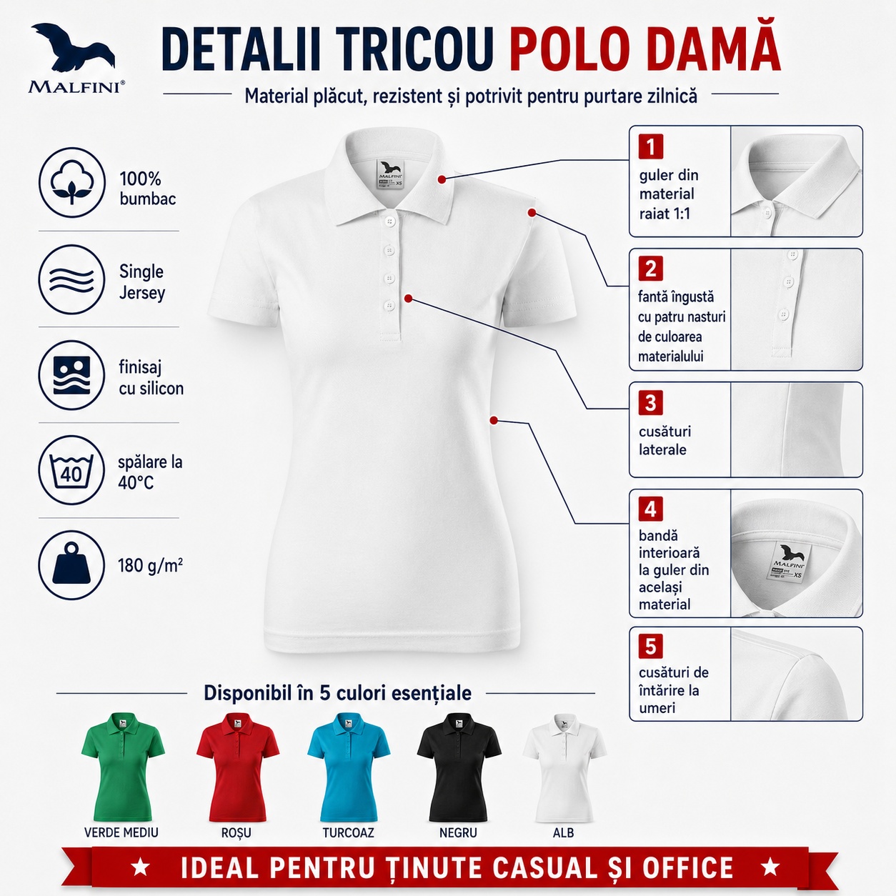 Detalii tricou polo damă Malfini guler nasturi cusături rezistente bumbac 100%