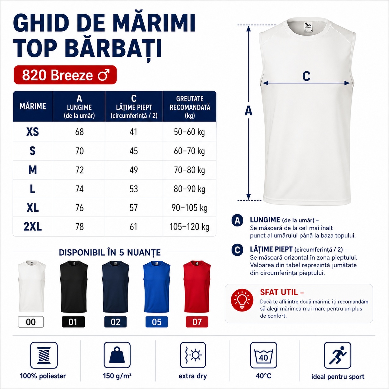 Ghid de mărimi top sport bărbați Malfini Breeze 820 XS S M L XL 2XL