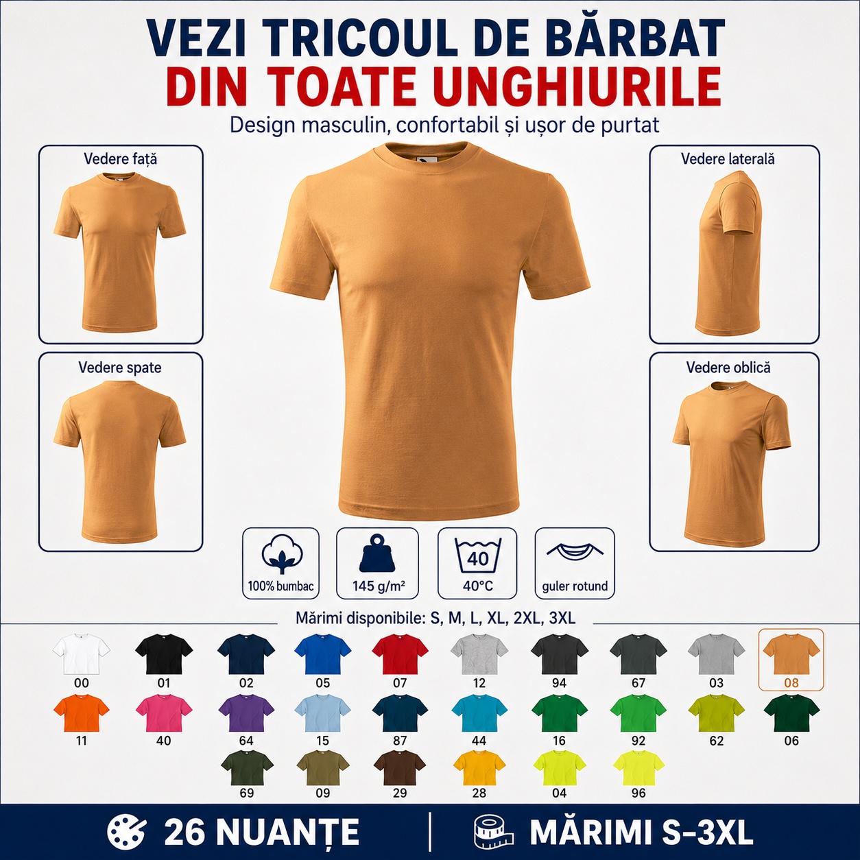 Tricou Bărbat Classic Basic New 132 din Toate Unghiurile Tricou bărbat Classic Basic New 132 vedere față, spate, laterală și oblică, design masculin confortabil și ușor de purtat