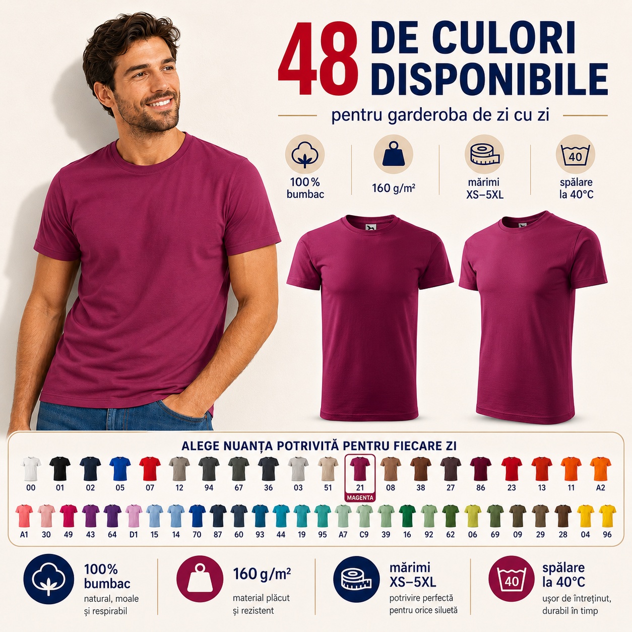 Tricou bărbat simplu Malfini Basic 129, 48 de culori disponibile, 100% bumbac, 160 g/m&sup2;, mărimi și spălare la 40 de grade