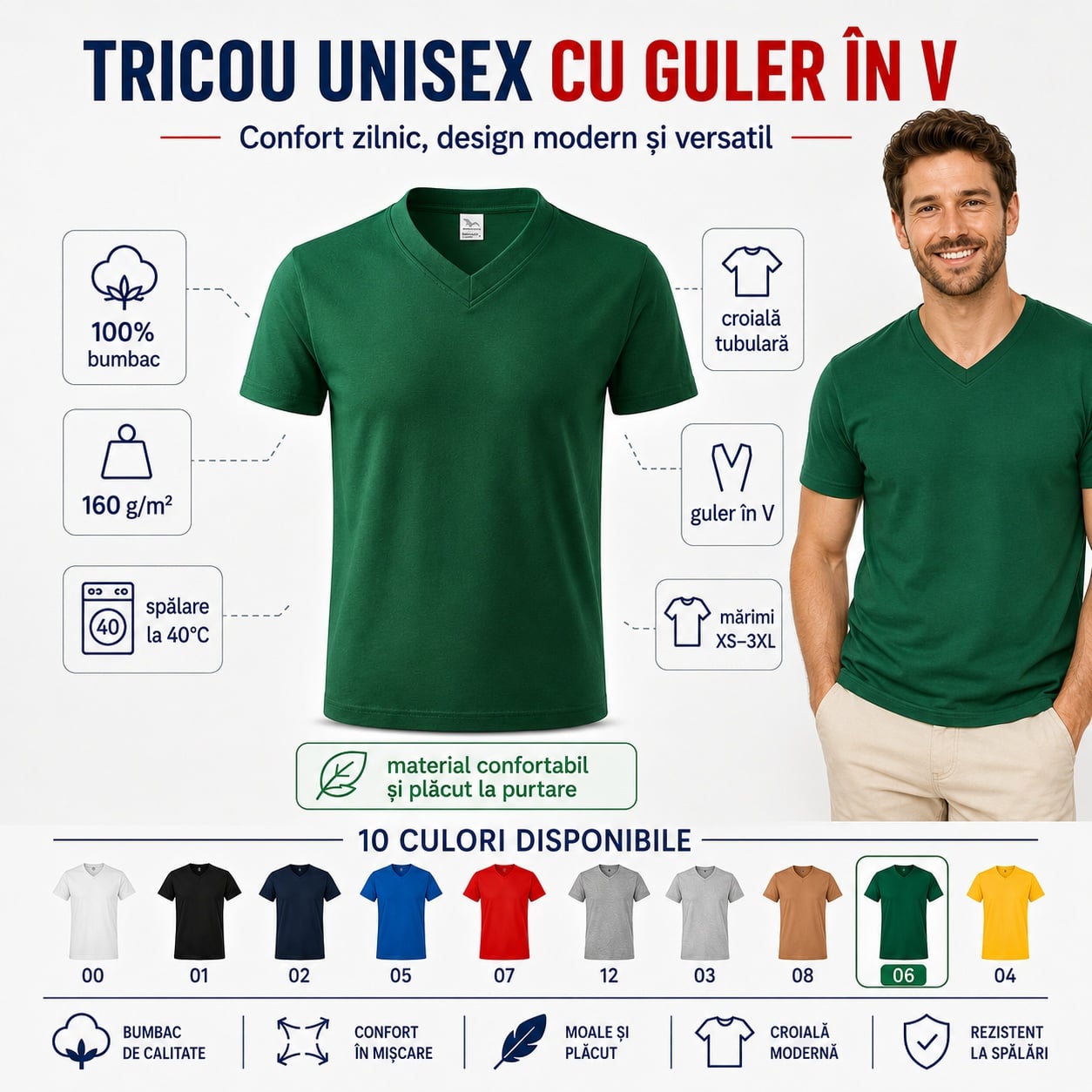 Tricou bărbat unisex cu guler în V Tricou bărbat unisex verde cu guler în V și croială tubulară