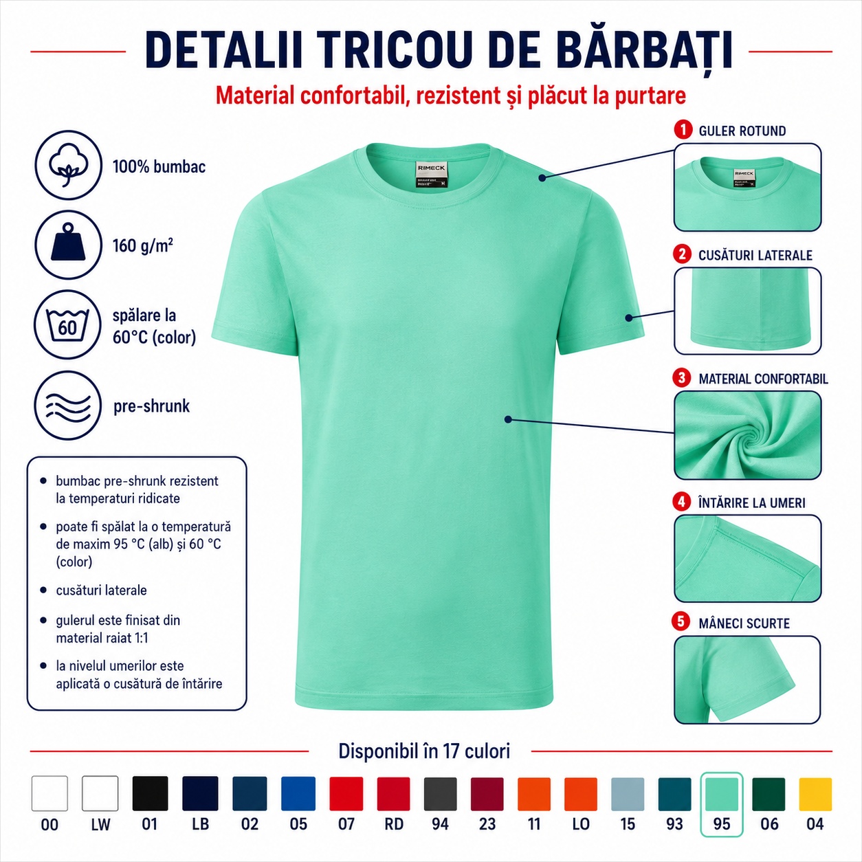 Detalii tricou bărbați Rimeck Resist R01, guler rotund, cusături laterale și material confortabil