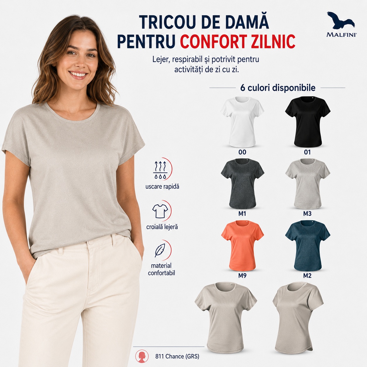 Tricou damă pentru confort zilnic, Malfini Chance GRS 811, material respirabil și uscare rapidă