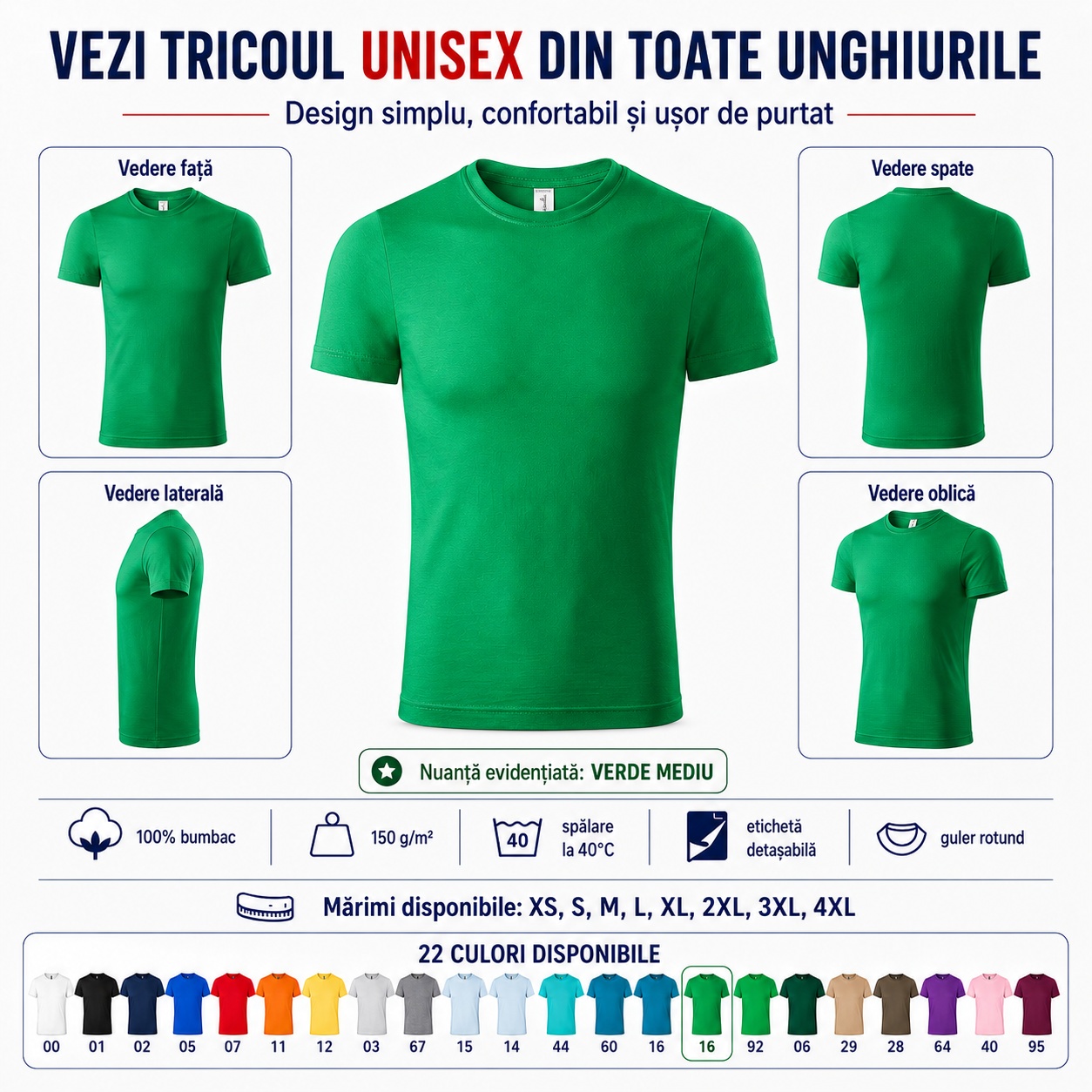 Tricou unisex Paint P73 vedere față spate lateral oblic, design simplu și confortabil