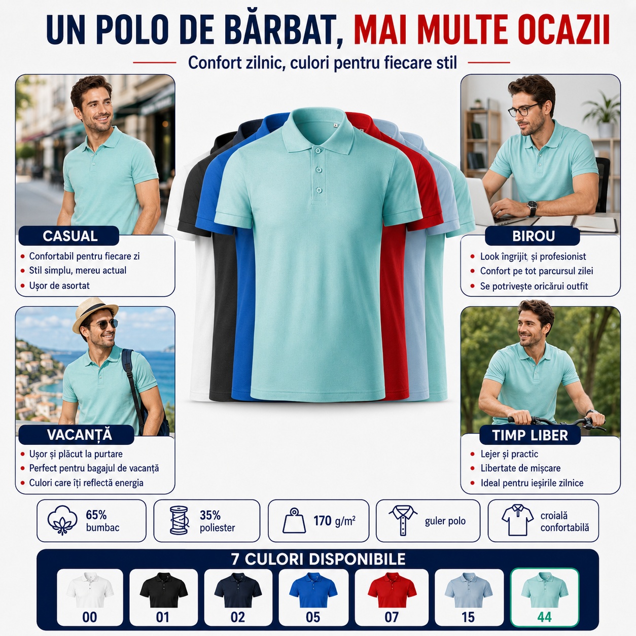 Tricou polo bărbat pentru casual, birou, vacanță și timp liber, croială confortabilă și 7 culori disponibile