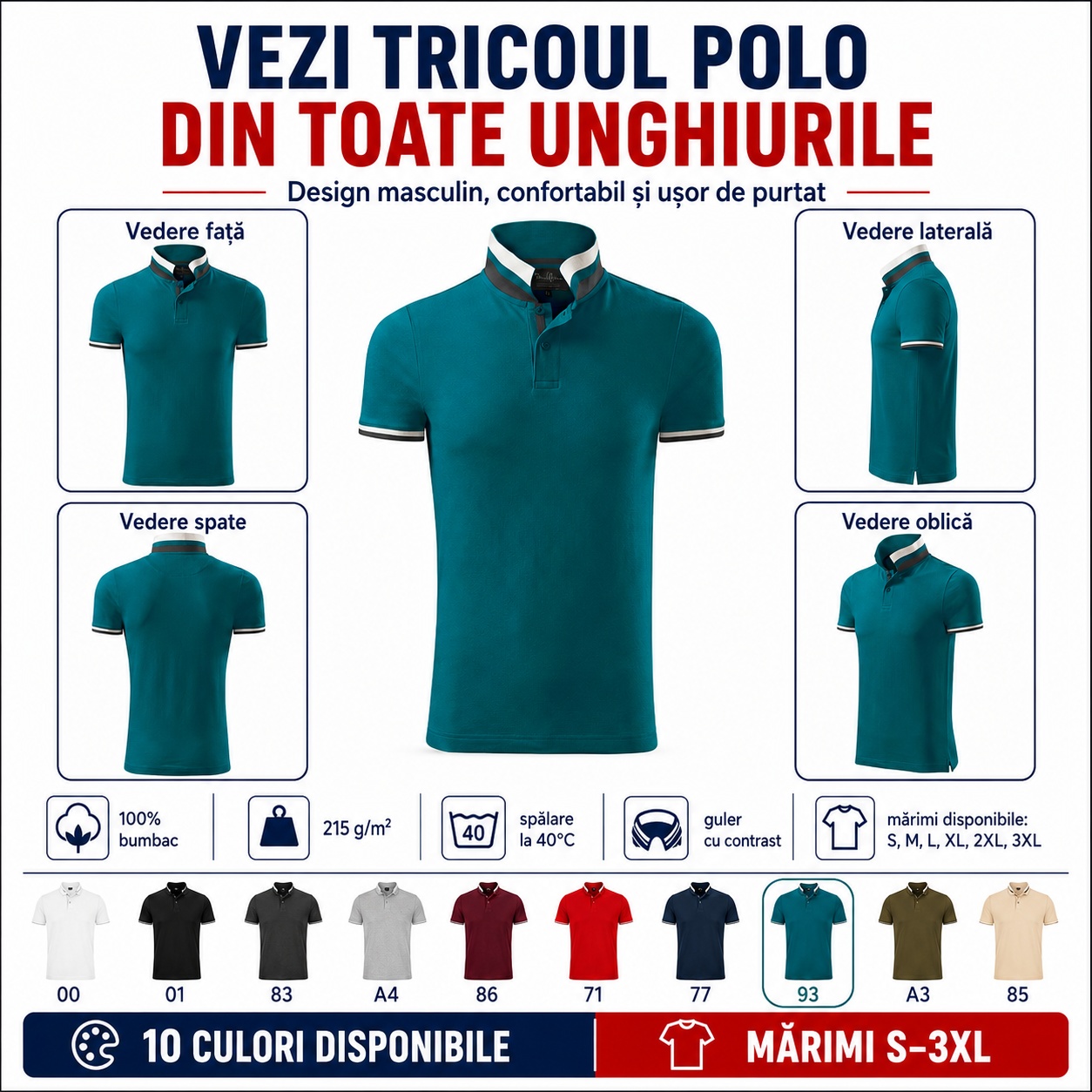 Tricou polo bărbați 256 Collar Up văzut din față, spate, lateral și oblic, guler cu contrast, manșete contrastante și mărimi S-3XL