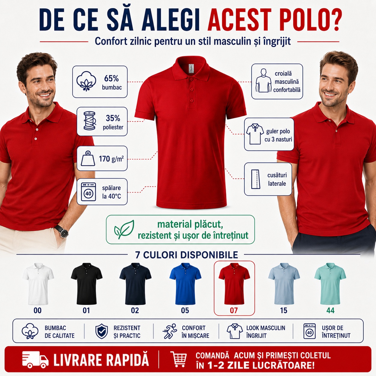 De ce să alegi acest tricou polo bărbați, 65% bumbac, 35% poliester, 170 g/m&sup2;, guler polo cu 3 nasturi