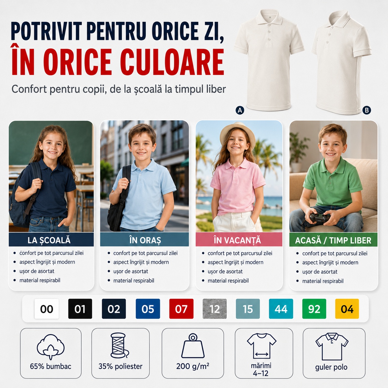 Tricou polo copii potrivit pentru școală, oraș, vacanță, acasă și timp liber