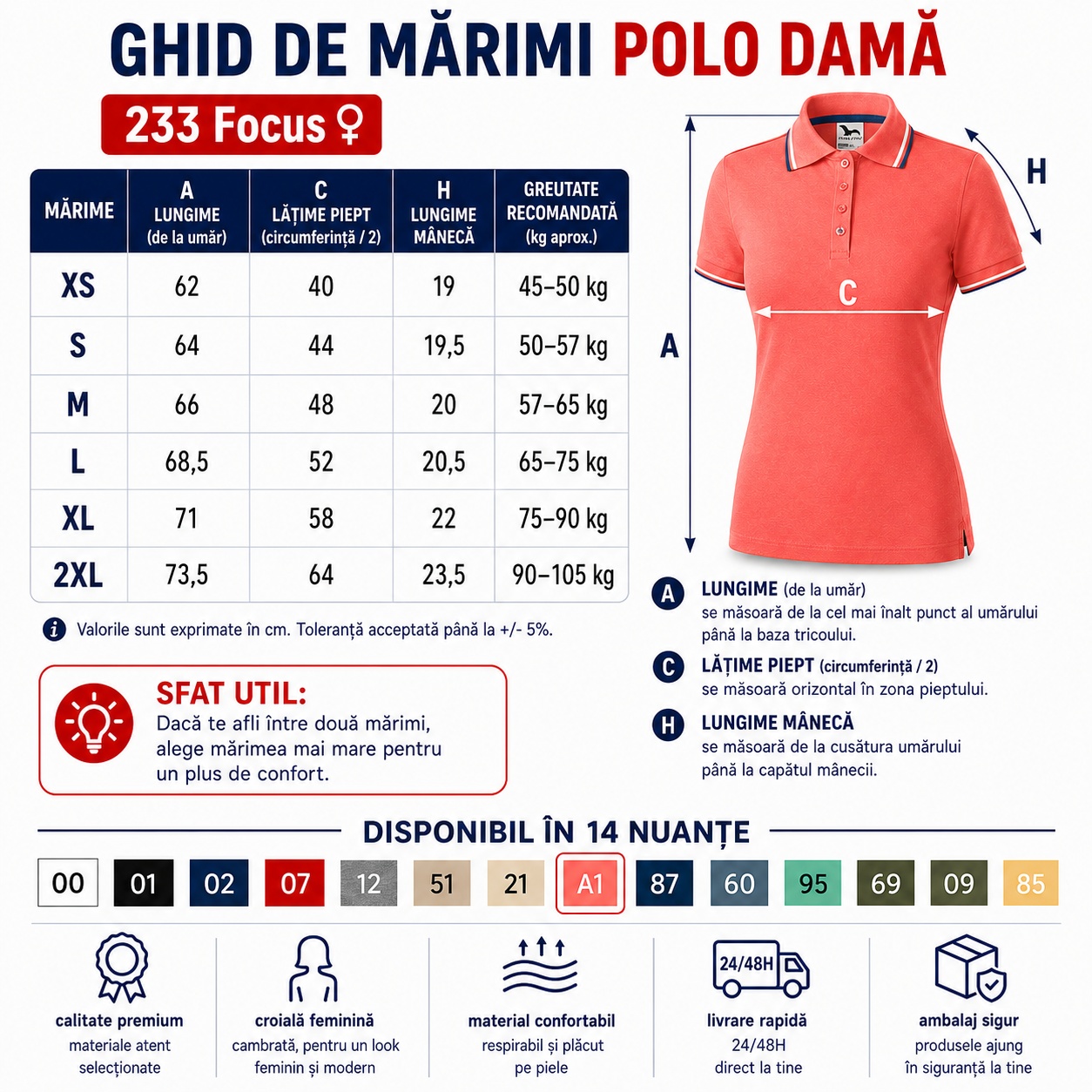 Ghid de mărimi tricou polo damă XS S M L XL 2XL