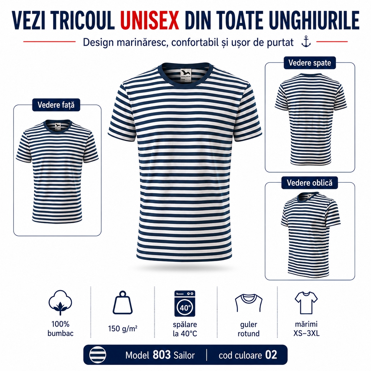 Tricou marinăresc văzut din toate unghiurile Tricou Malfini 803 Sailor văzut din față, spate și unghi oblic