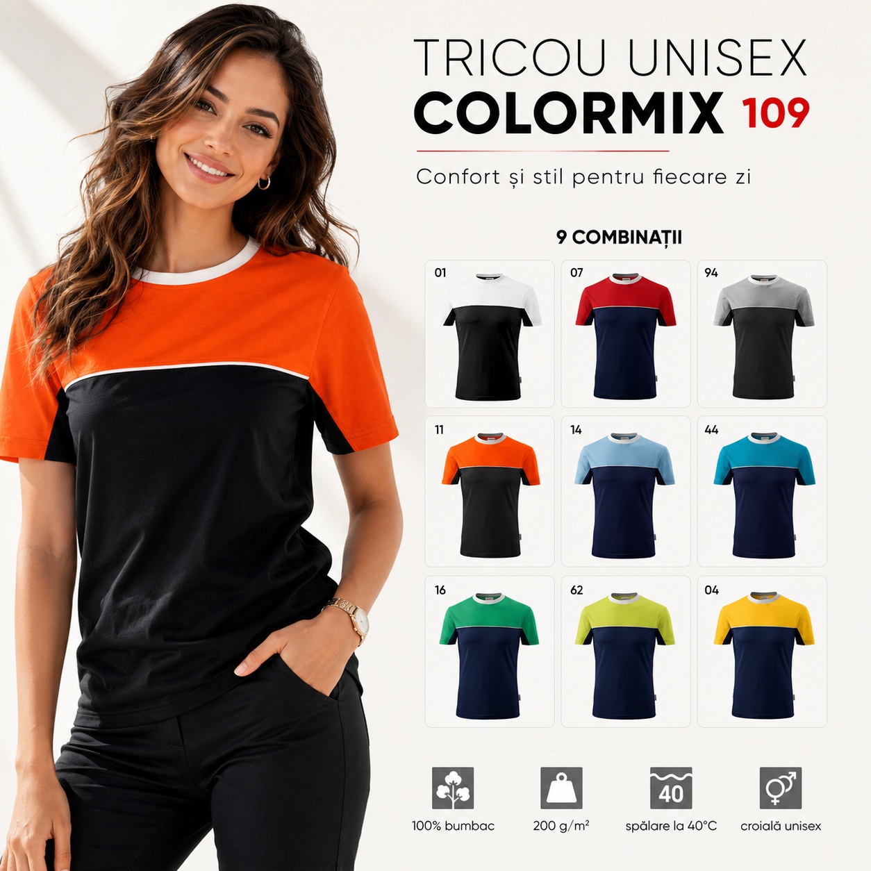 Culorile tricoului unisex Colormix 109 Cele nouă combinații bicolore disponibile pentru tricoul unisex Rimeck 109 Colormix