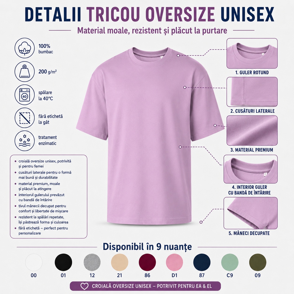 Detalii tricou oversize unisex damă - material moale și rezistent Detalii tricou oversize unisex damă material moale cusături laterale guler rotund mâneci decupate