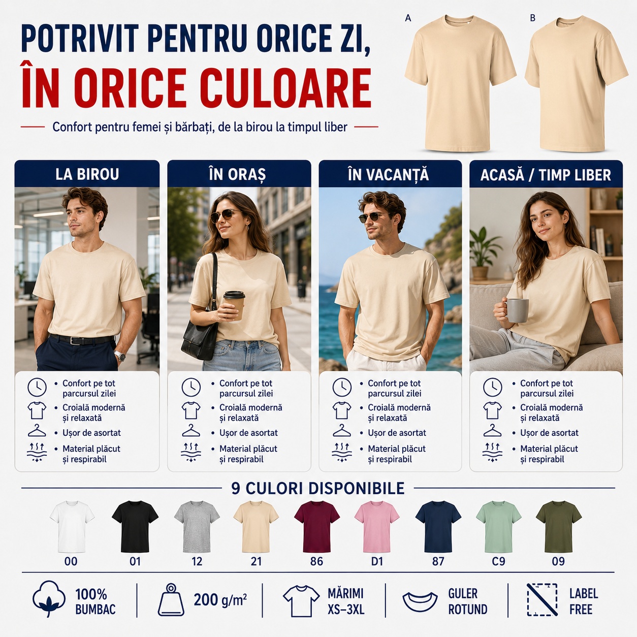 Tricou unisex oversize potrivit pentru orice zi Tricou unisex oversize damă și bărbat potrivit la birou în oraș în vacanță acasă timp liber