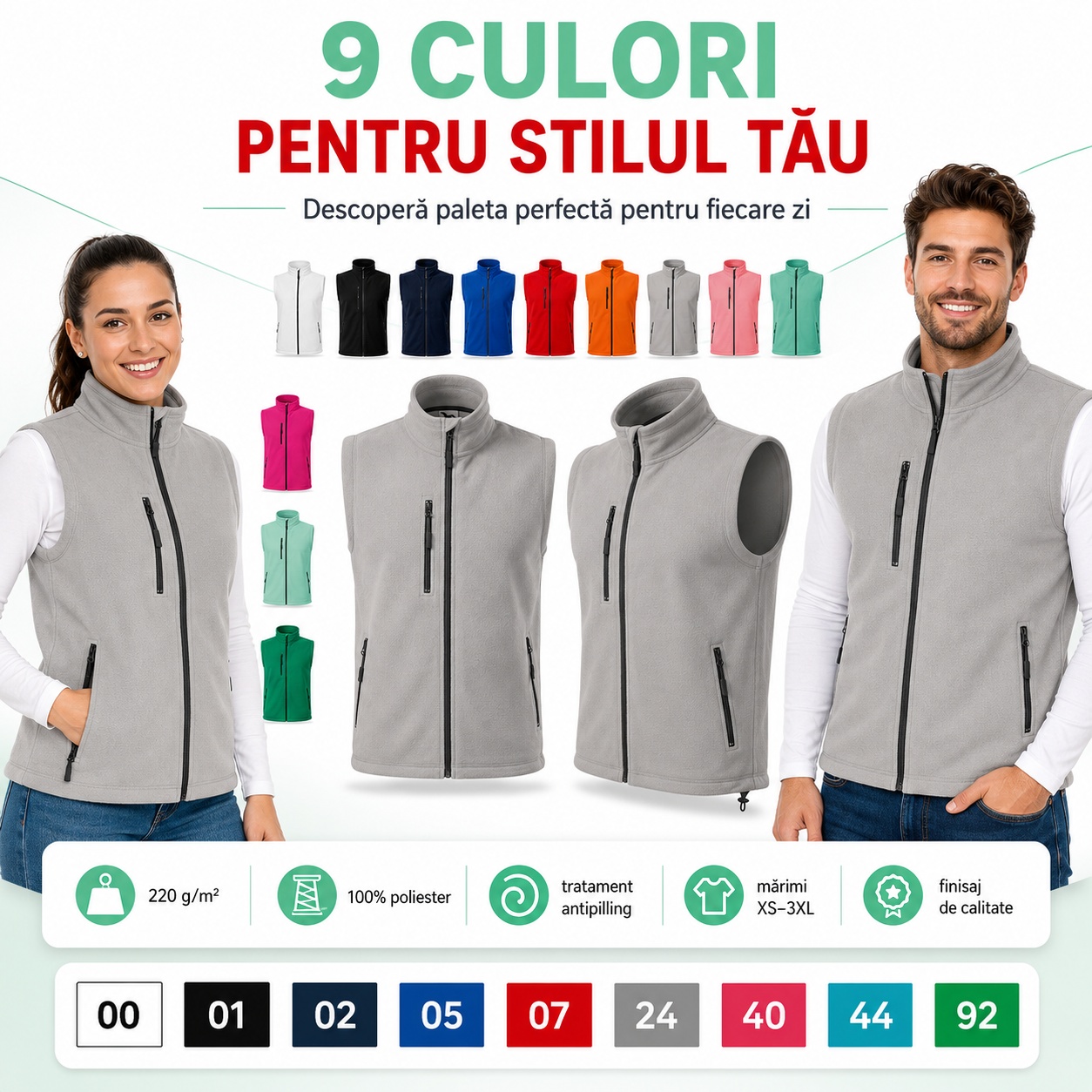 Detalii vestă polar fleece cu fermoar și buzunar frontal