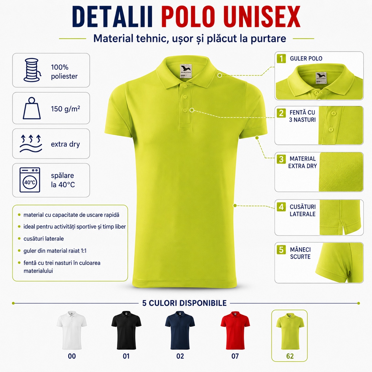 Detalii și finisaje Malfini 217 Victory Detalii tricou polo unisex Malfini 217 Victory cu guler polo, trei nasturi, material Extra Dry și cusături laterale