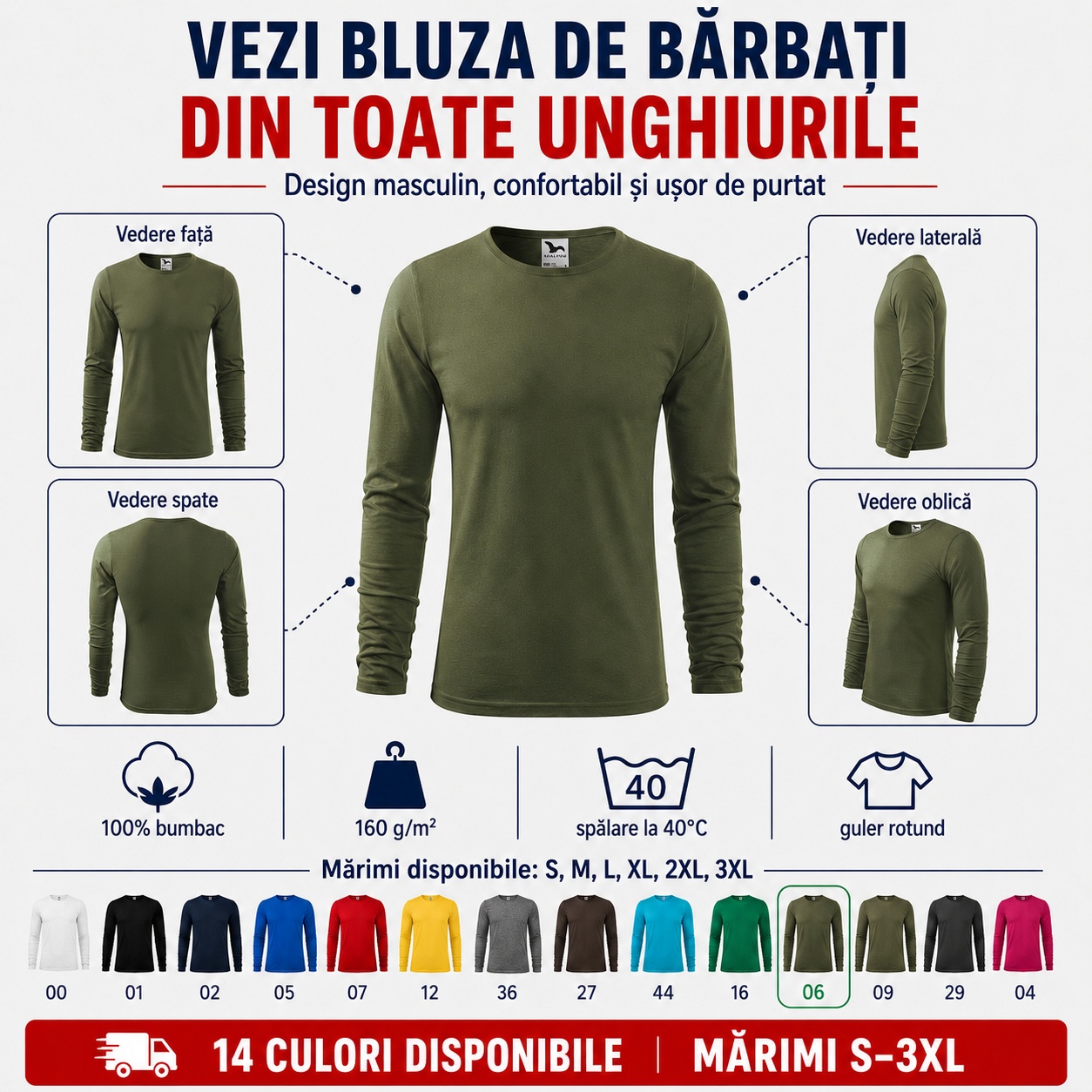Bluză bărbați Malfini FIT-T LS 119 vedere față spate laterală oblică 100% bumbac