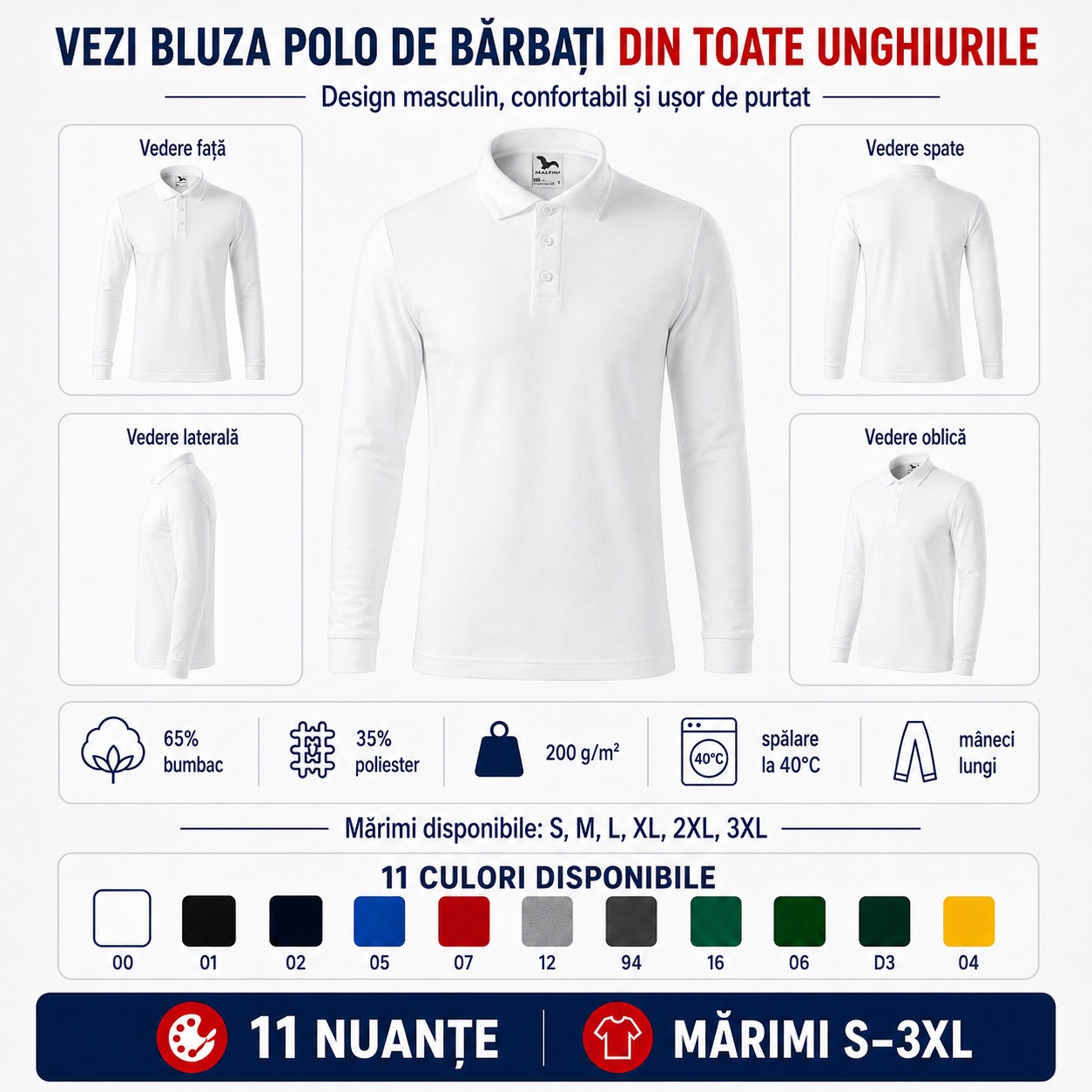 Bluză cu guler polo tip Tommy pentru bărbați văzută din față, spate, lateral și oblic
