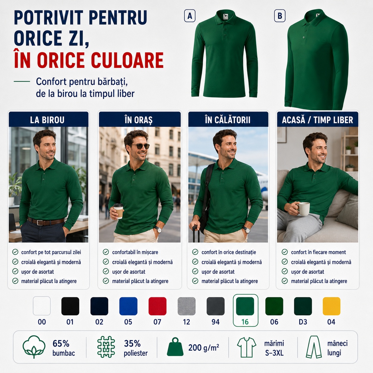 Bluză polo bărbați Malfini Pique Polo LS 221 potrivită pentru birou oraș călătorii și timp liber