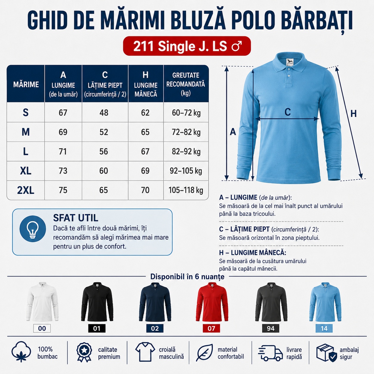 Ghid de mărimi bluză polo bărbați S M L XL 2XL