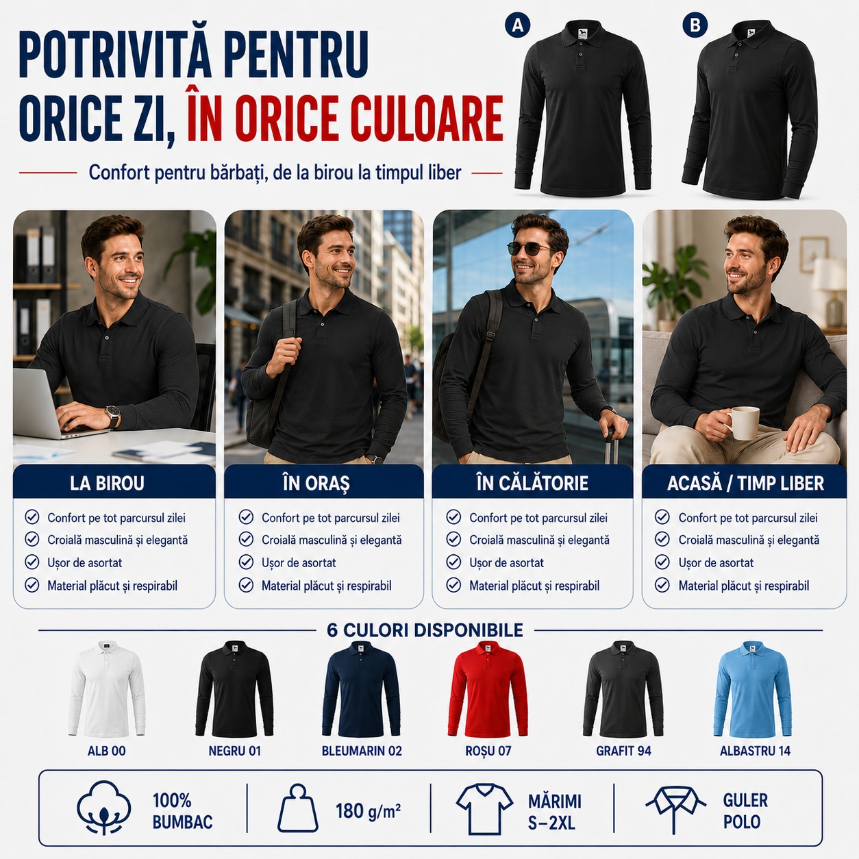 Bluză polo bărbați potrivită pentru birou, oraș, călătorii și timp liber