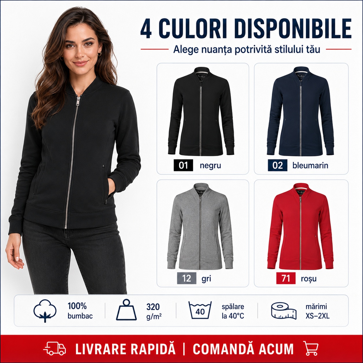 Bluza premium damă tip bomber Malfini 454 cu fermoar
