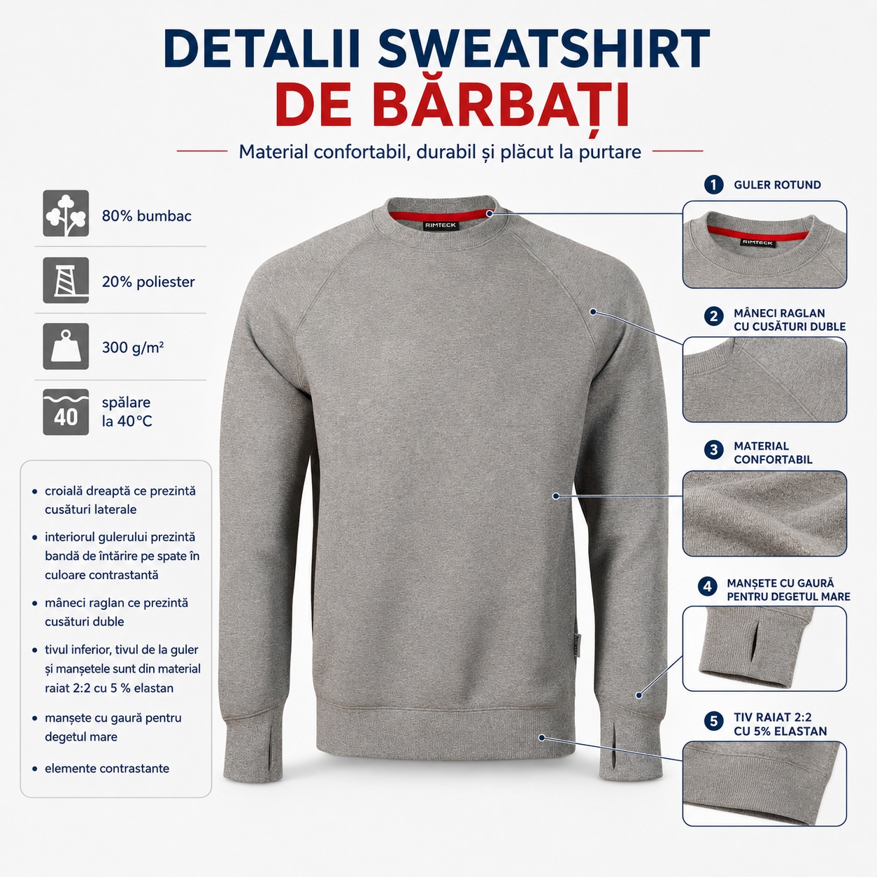 Detalii sweatshirt Rimeck Vertex W42 Detalii sweatshirt bărbați Vertex W42 cu guler rotund, mâneci raglan, material confortabil și manșete cu gaură pentru deget