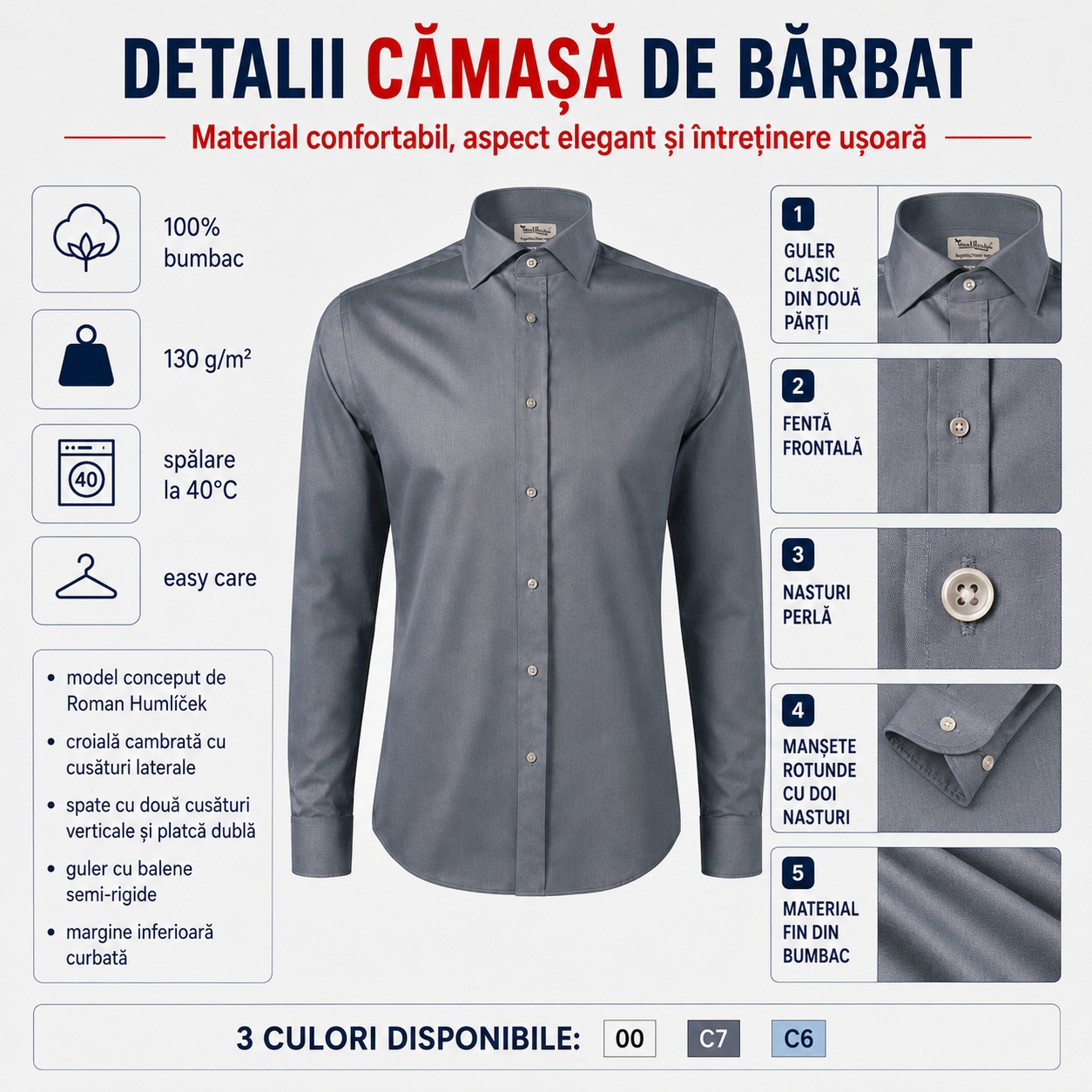 Detalii cămașă bărbătească Malfini Journey Detalii cămașă bărbați Malfini Journey, guler clasic, nasturi perlă, manșete și material fin din bumbac