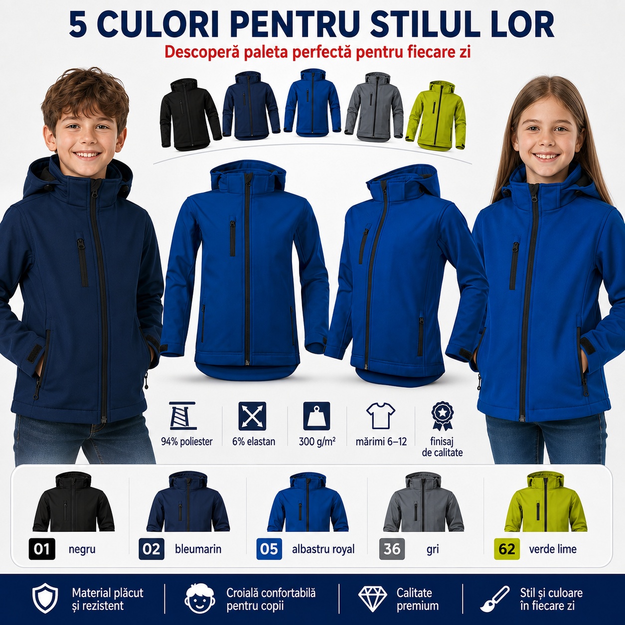 Performance 535 jachetă softshell copii vedere și culori