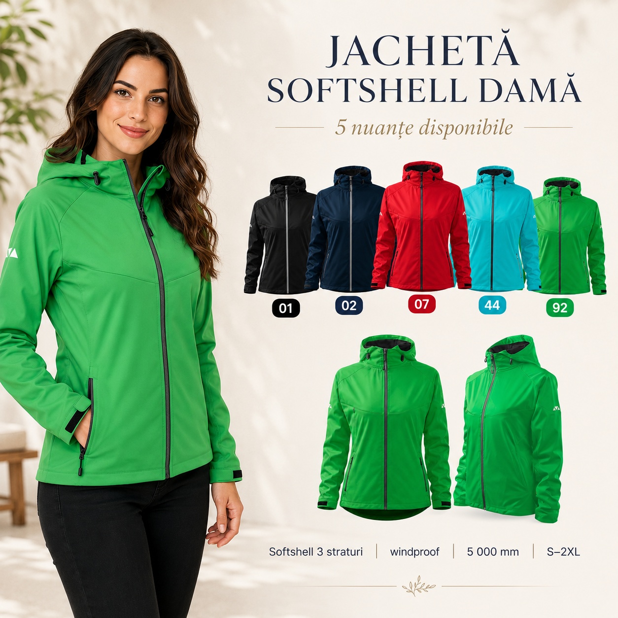 Geacă softshell damă cu glugă vedere față spate și lateral
