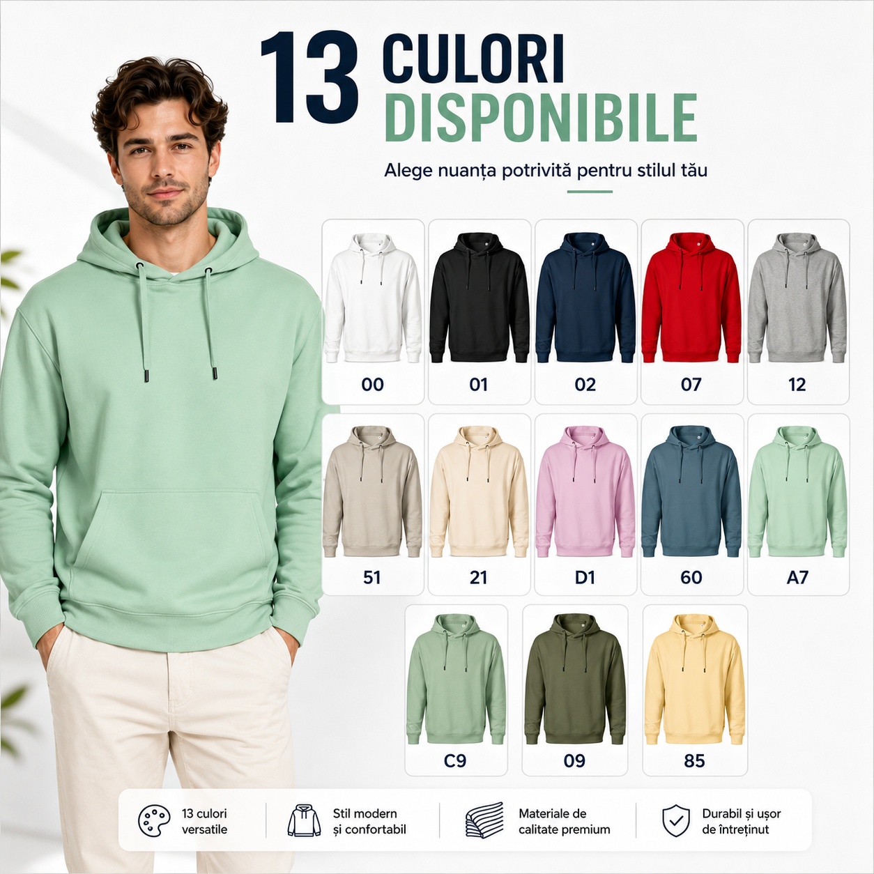 Cele 13 culori disponibile pentru hanoracul 420 Moon Hanorac bărbați disponibil în 13 culori, cu prezentarea nuanțelor și a codurilor de culoare