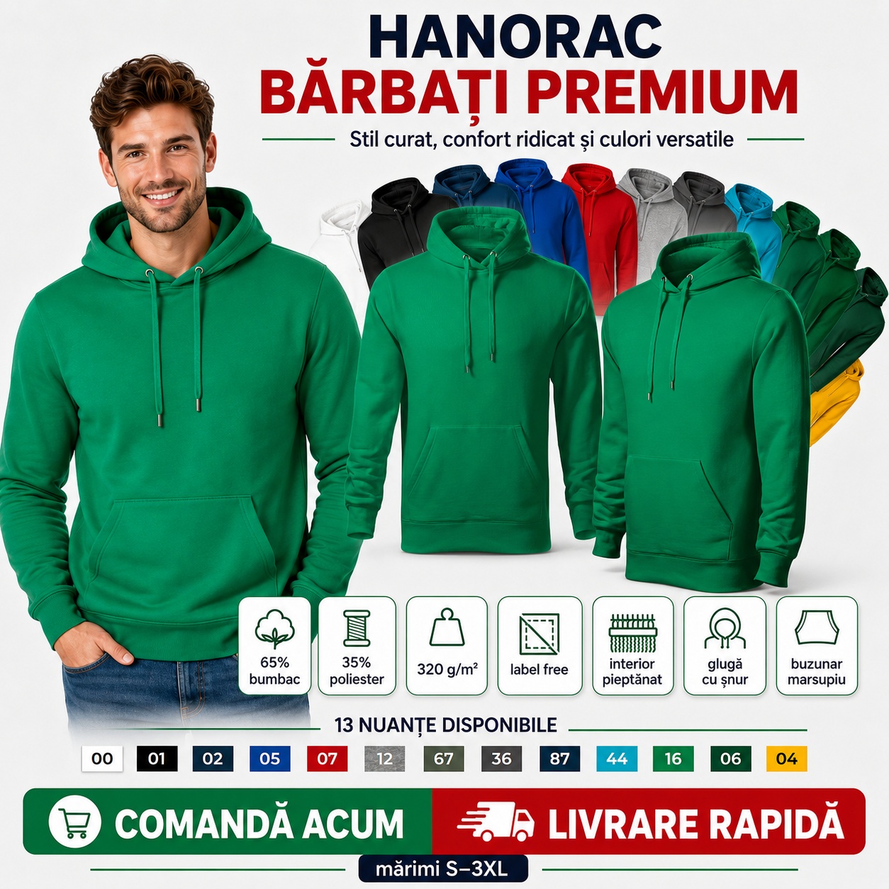 Hanorac bărbați Malfini F13 Cape Free Hanorac bărbați Malfini F13 Cape Free verde, cu glugă și buzunar marsupiu, disponibil în 13 culori