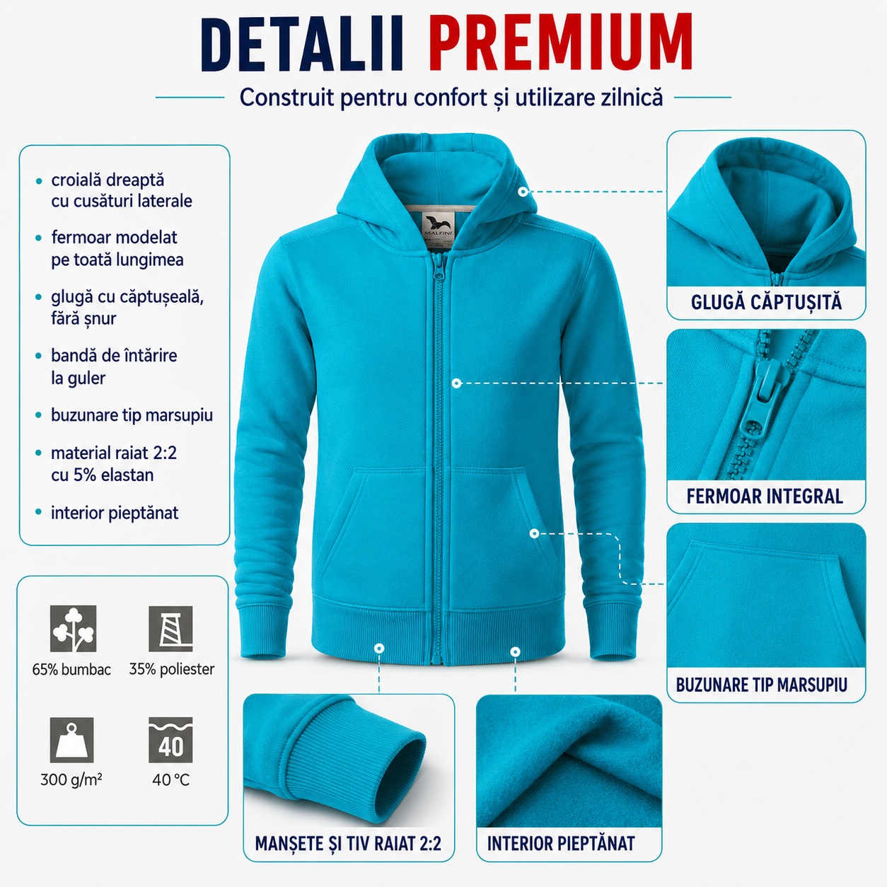 Detalii premium hanorac copii cu glugă căptușită, fermoar integral și buzunare marsupiu