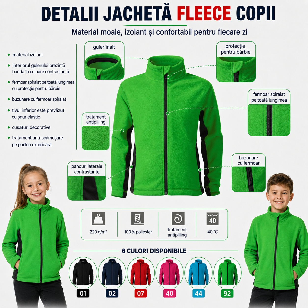 Detalii jacheta fleece copii cu fermoar si buzunare