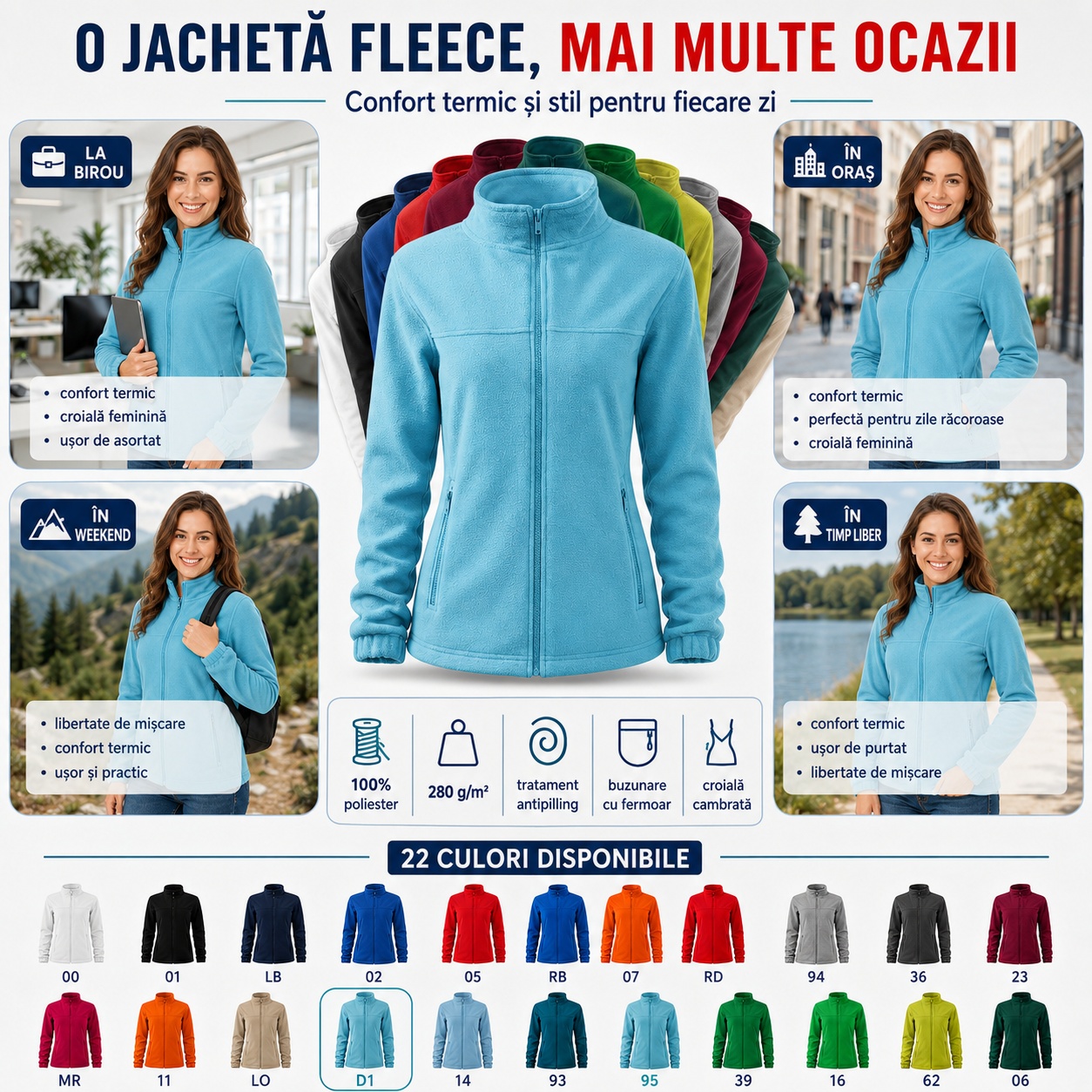 Jacheta fleece dama potrivita pentru birou oras vacanta si timp liber