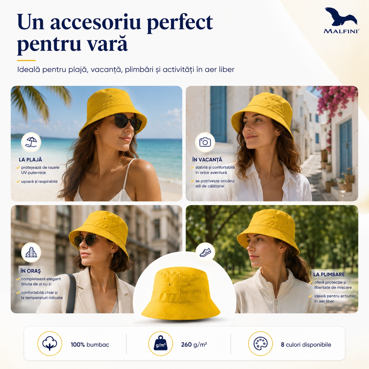 Pălărie damă pentru vară, plajă, vacanță, oraș și plimbări în aer liber