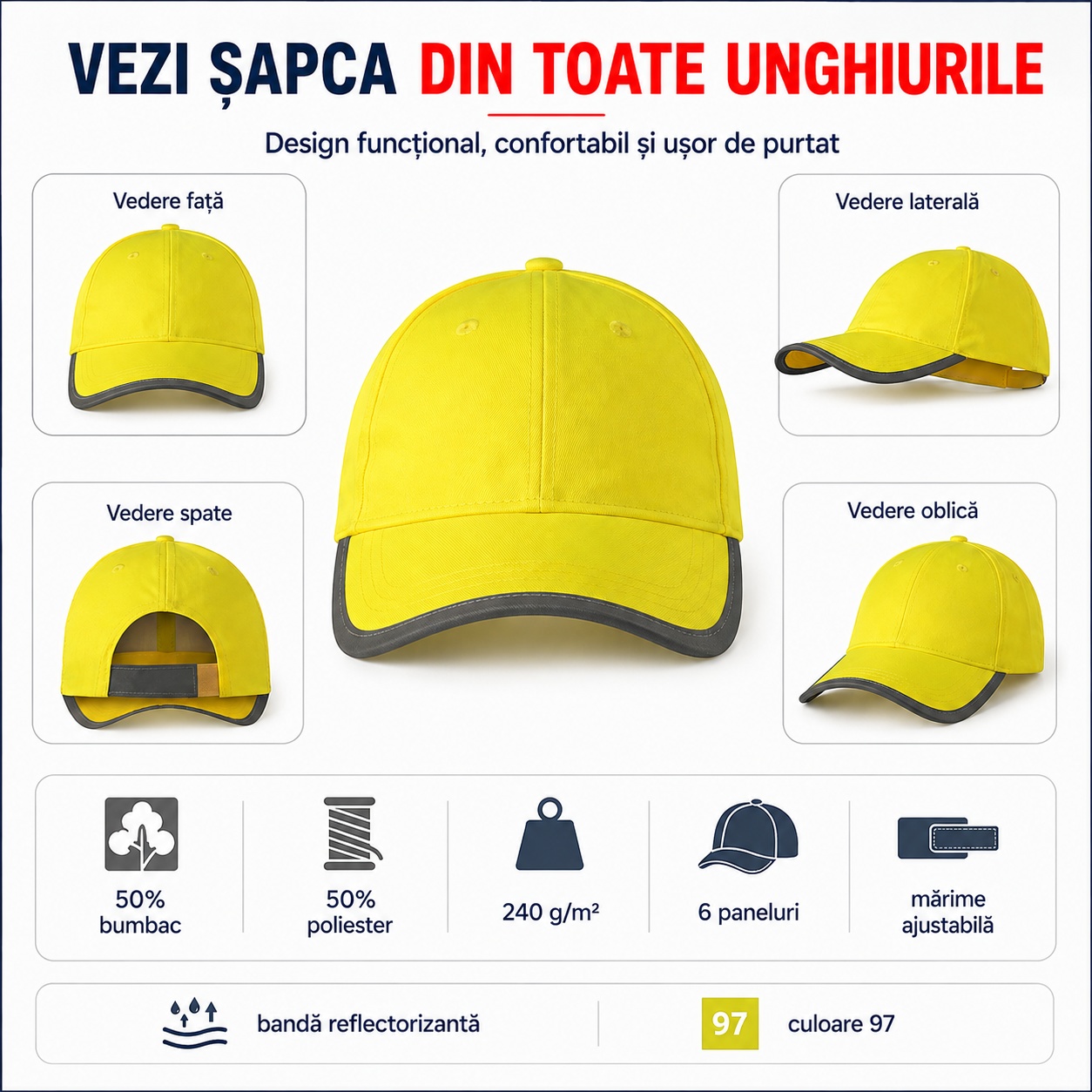 Șapcă HV Reflex cu închidere reglabilă Velcro și bandă absorbantă