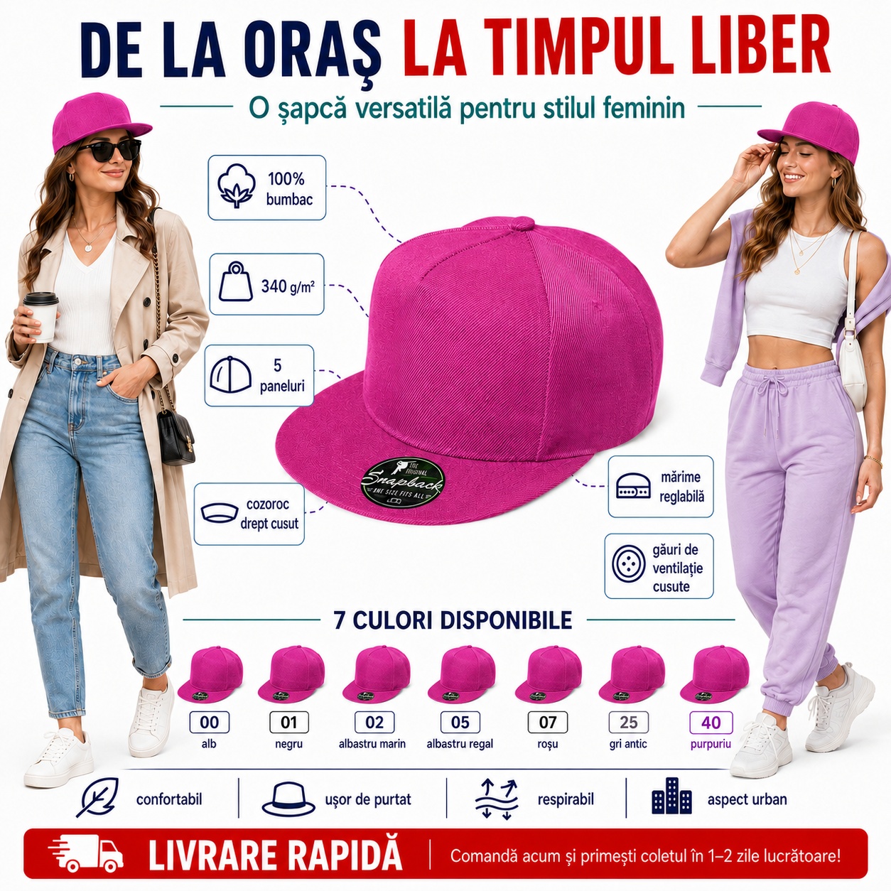 Șapcă RAP damă pentru oraș și timpul liber Șapcă damă cu cozoroc drept, 5 panouri, 100% bumbac și închidere reglabilă