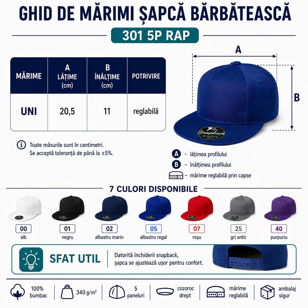 Dimensiuni șapcă RAP Malfini 301 Ghid de mărimi șapcă RAP universală reglabilă