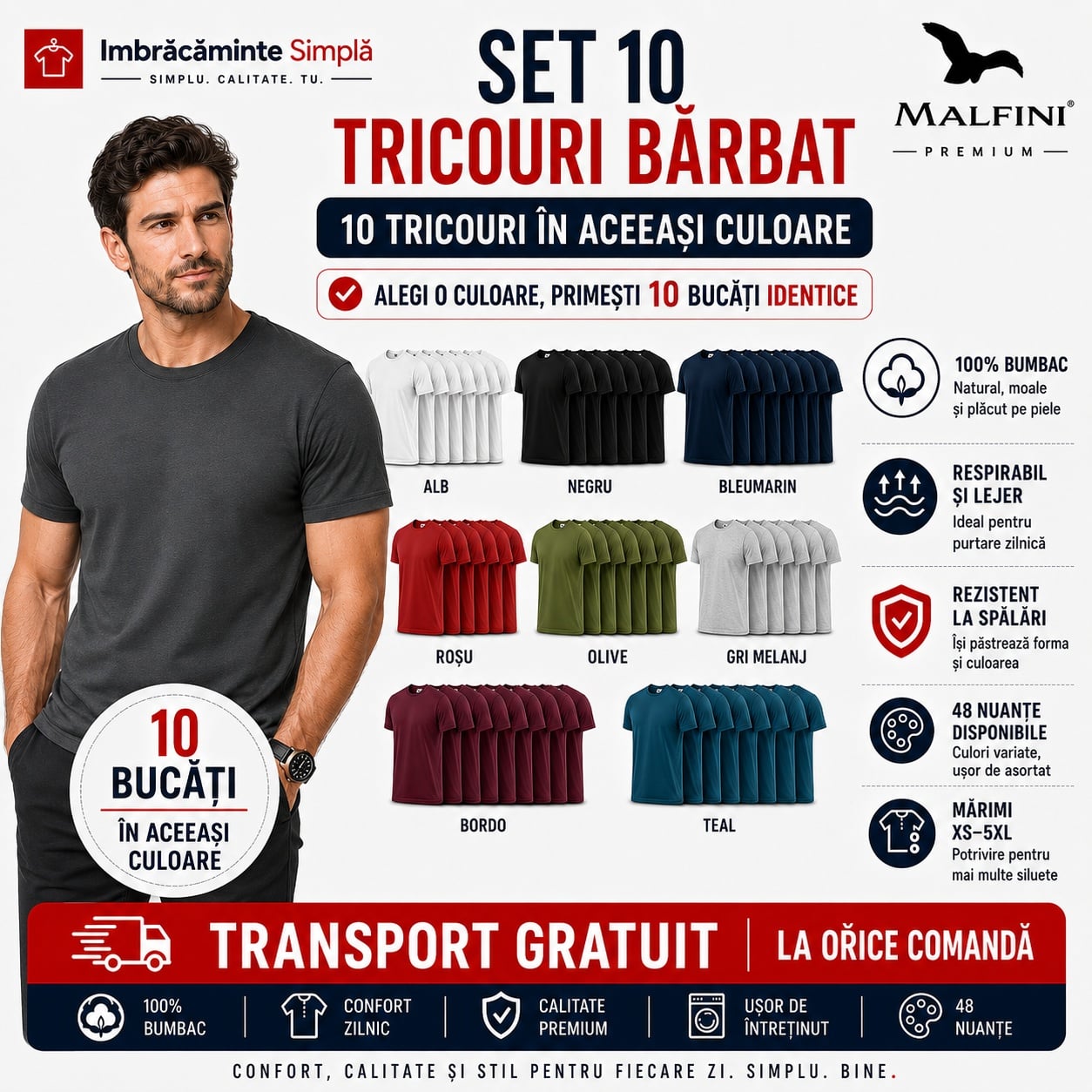 Seturi de 10 tricouri bărbat în nuanțe diferite alb negru bleumarin roșu olive gri melanj bordo teal