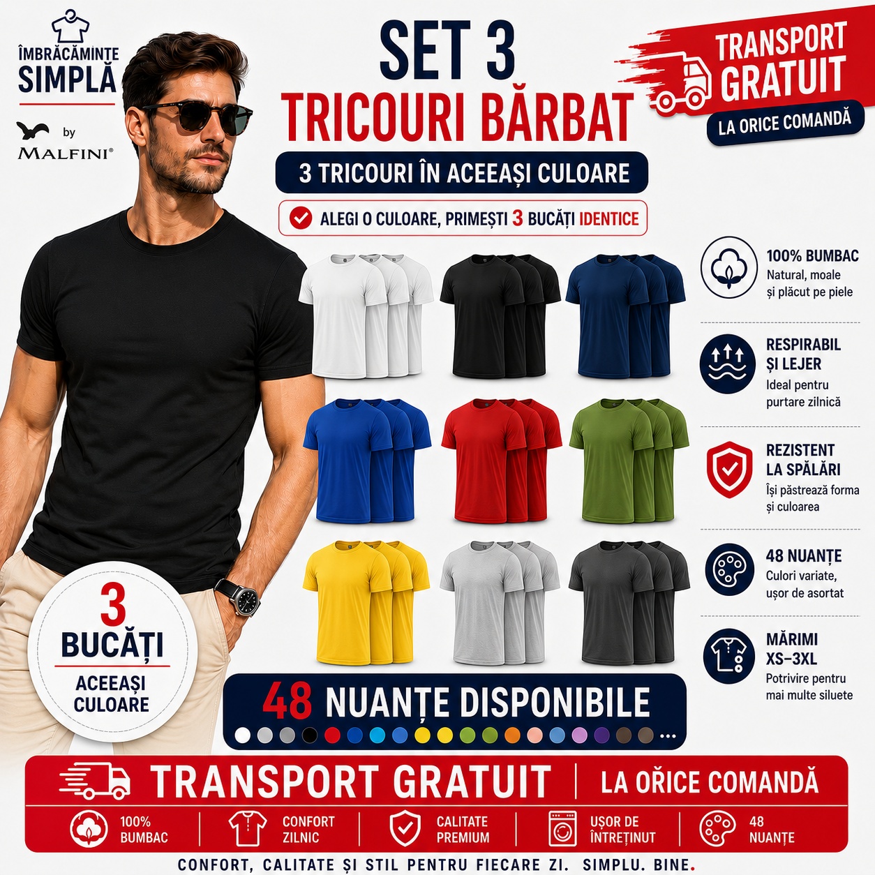 Set 3 tricouri bărbat Malfini, 100% bumbac, 48 nuanțe disponibile, transport gratuit, 3 tricouri &icirc;n aceeași culoare