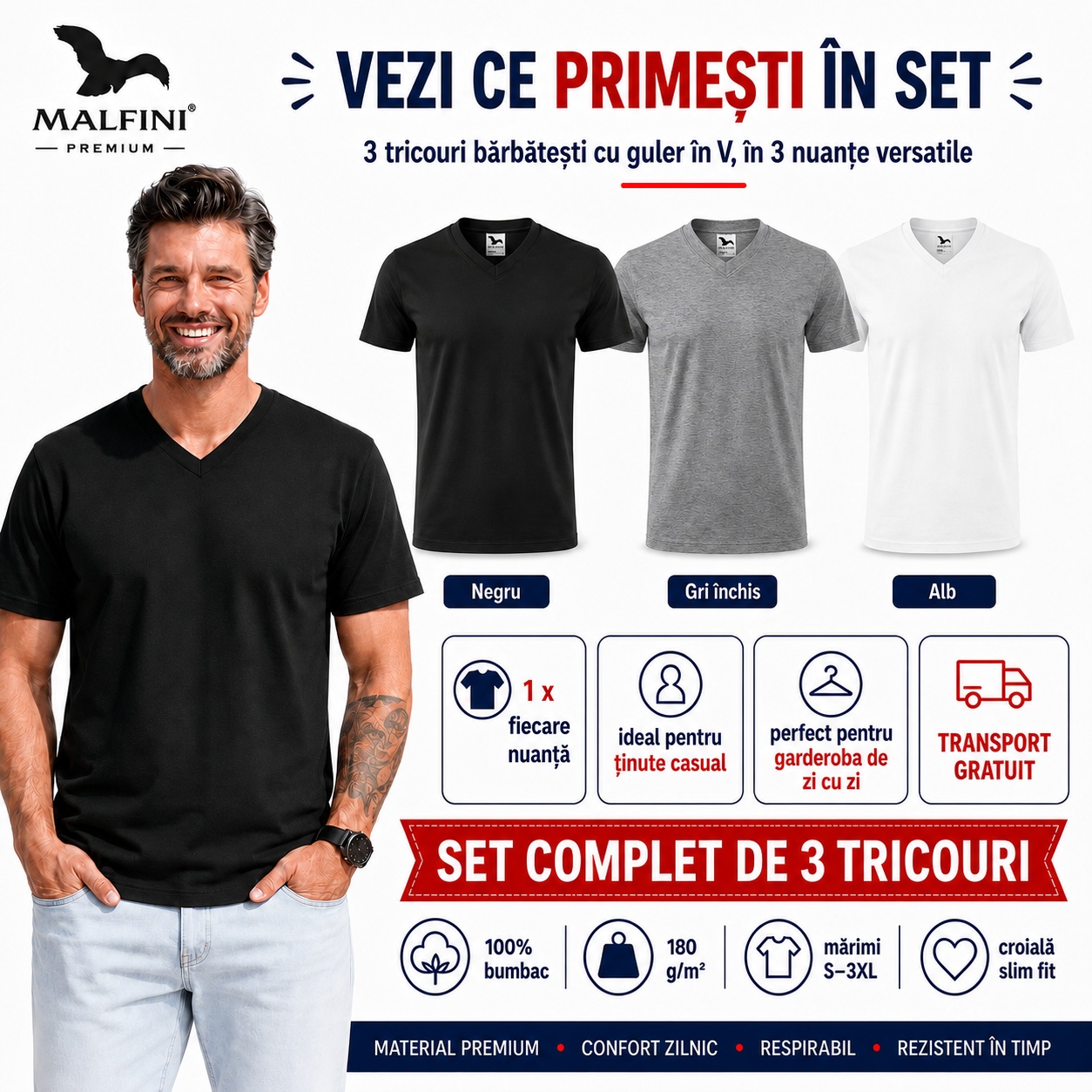 Set complet 3 tricouri bărbați cu guler în V Set complet 3 tricouri bărbați V-Neck Malfini - negru gri închis alb