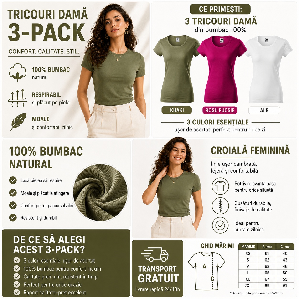Set 3 tricouri damă 100% bumbac Khaki Roșu Fucsie Alb