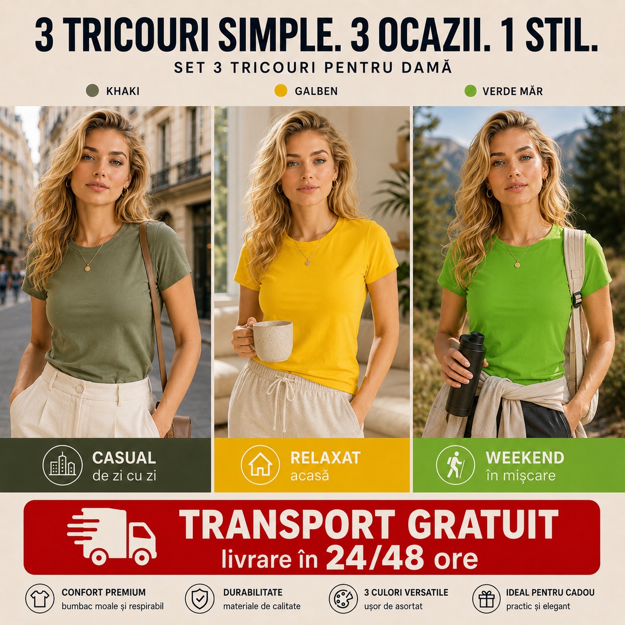 3 tricouri simple 3 ocazii 1 stil set tricouri damă khaki galben verde măr