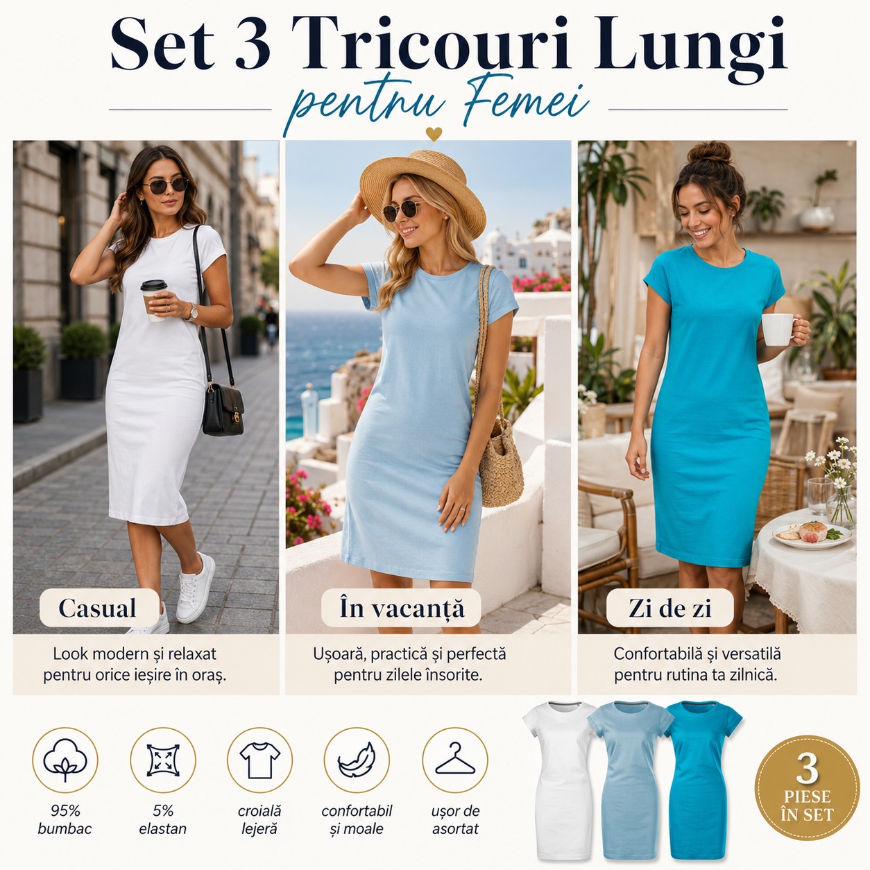Set 3 Tricouri Lungi pentru Femei - Casual, Vacanță, Zi de Zi Set 3 tricouri lungi pentru femei purtate casual, în vacanță și zi de zi