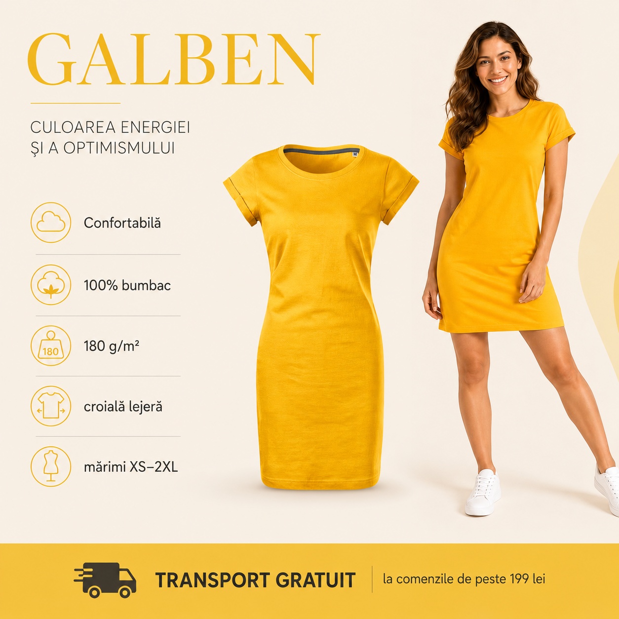 Rochie damă galbenă Malfini Freedom 178, 100% bumbac, croială lejeră, transport gratuit
