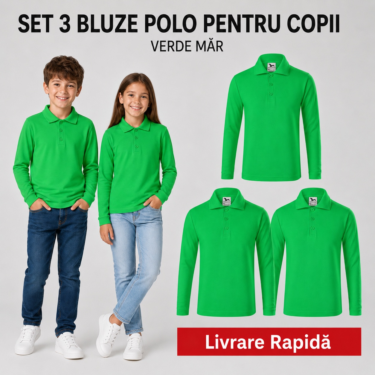 Set 3 bluze polo copii verde măr cu mânecă lungă