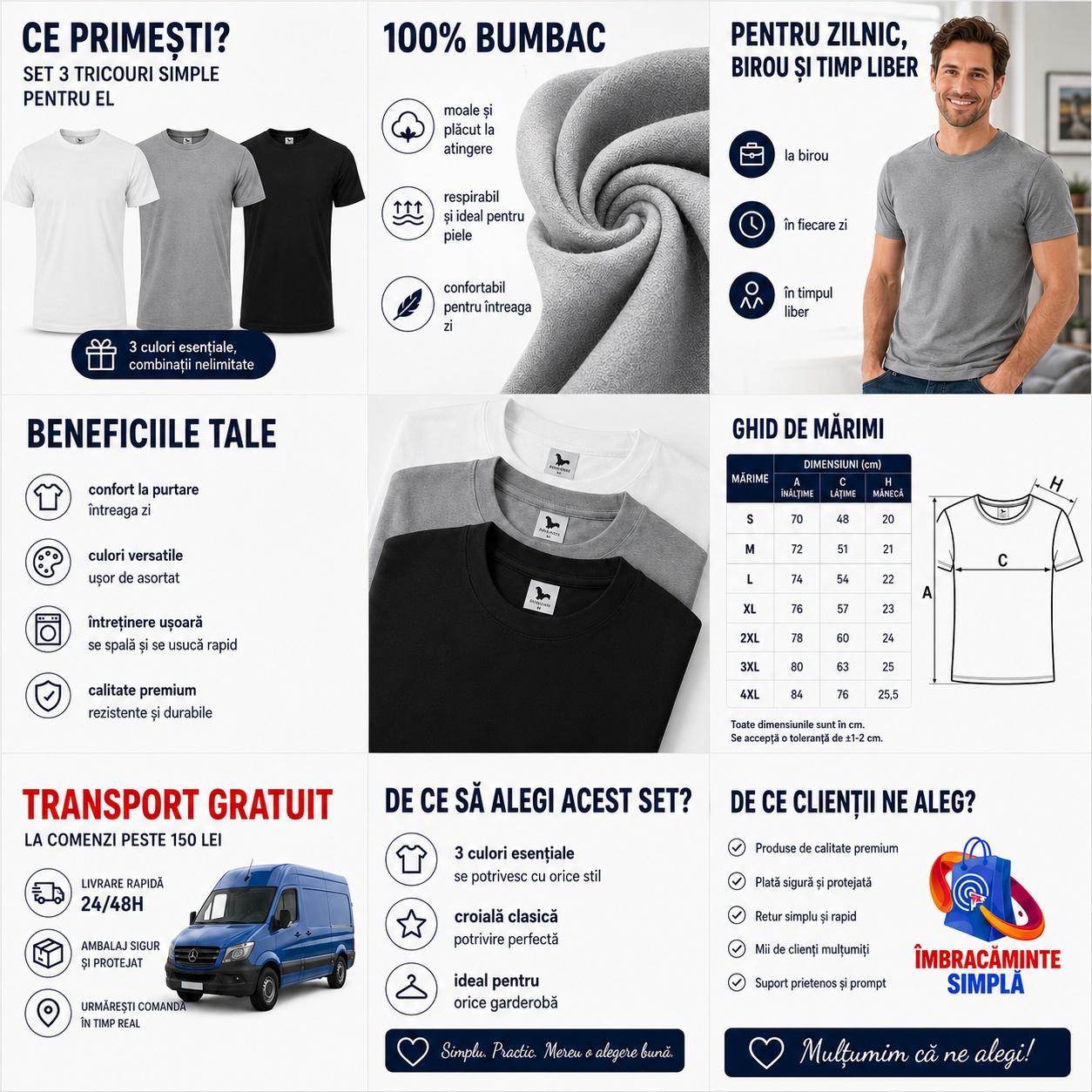 Set 3 Tricouri Bărbați - Ce primești Ce primești în setul de 3 tricouri bărbați 100% bumbac alb gri negru