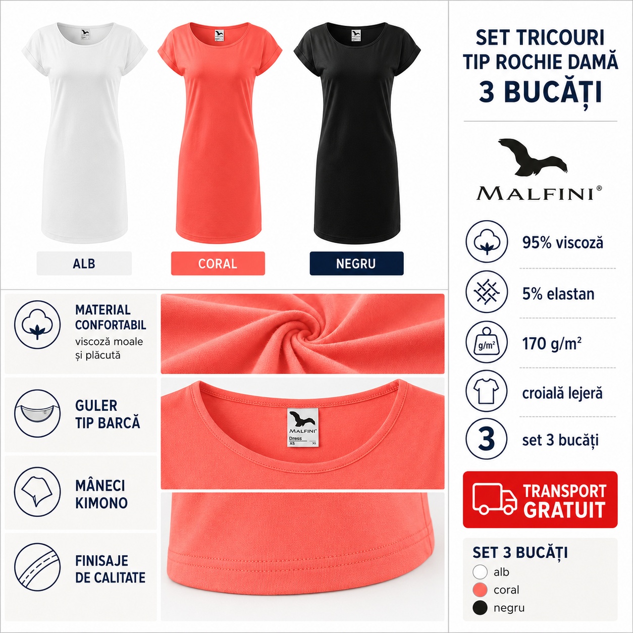 Detalii set tricouri tip rochie damă Malfini Love 123 95 vâscoză 5 elastan 170 g m2