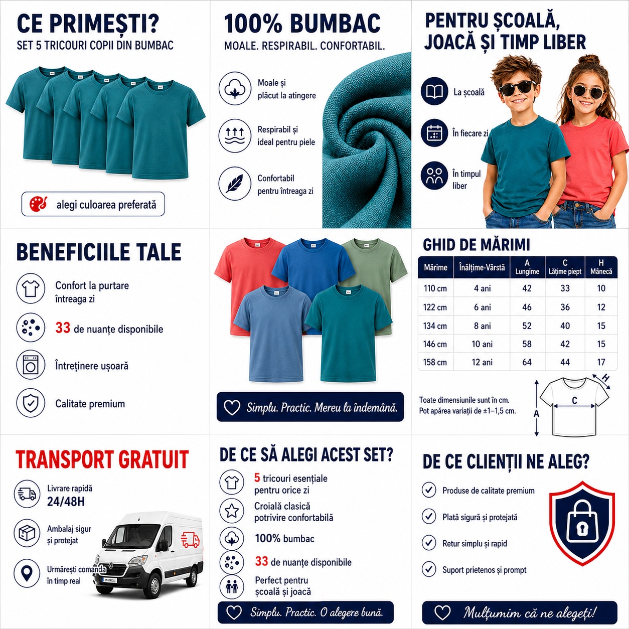 Detalii set 5 tricouri copii din bumbac Detalii complete set 5 tricouri copii din bumbac 100%, beneficii, ghid marimi si transport gratuit