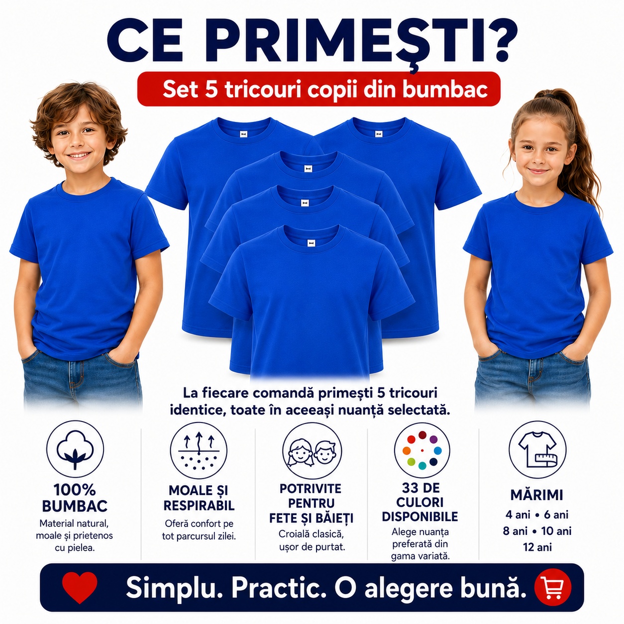Ce primești în set - 5 tricouri copii din bumbac în aceeași culoare